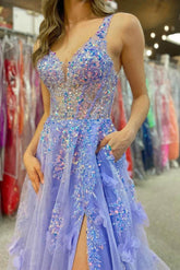 Lavender V-Neck Sequined Appliques Long Prom Dress